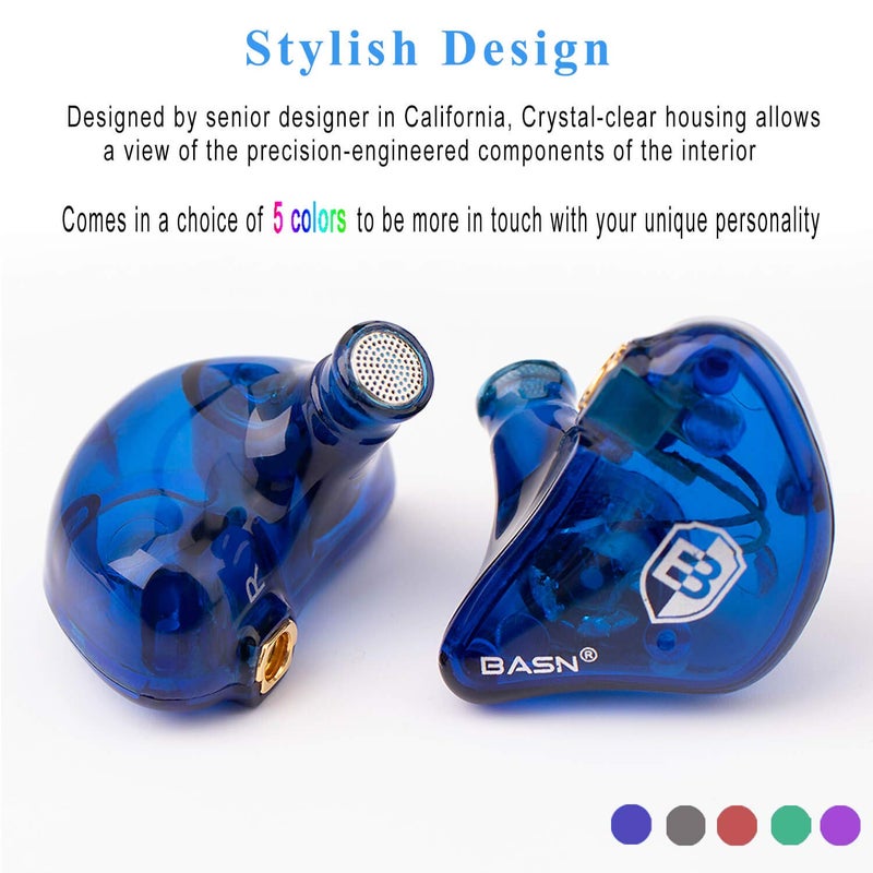 BASN High-Definition in Ear Monitor Headphones for Musicians with Detachable MMCX Earbuds; Dual Dynamic Drivers and Noise-Isolating (Blue) - Image 3